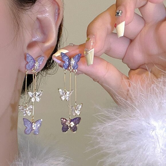 Women's Purple Tassel Style Zircon Lightweight Butterfly Crystal Dangle Earring - Picture 3 of 8